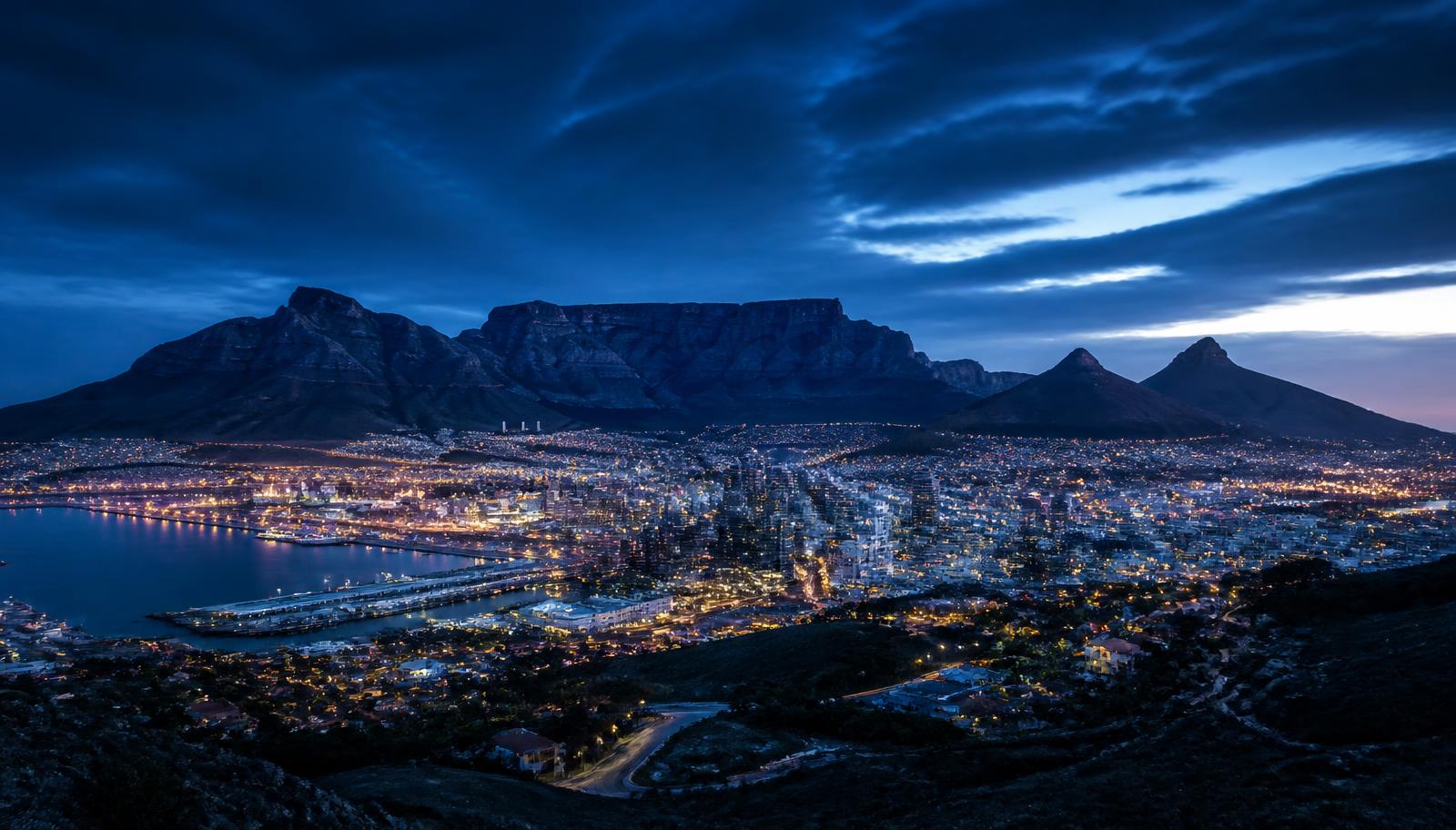 Cape Town skyline with Table Mountain at blue hour