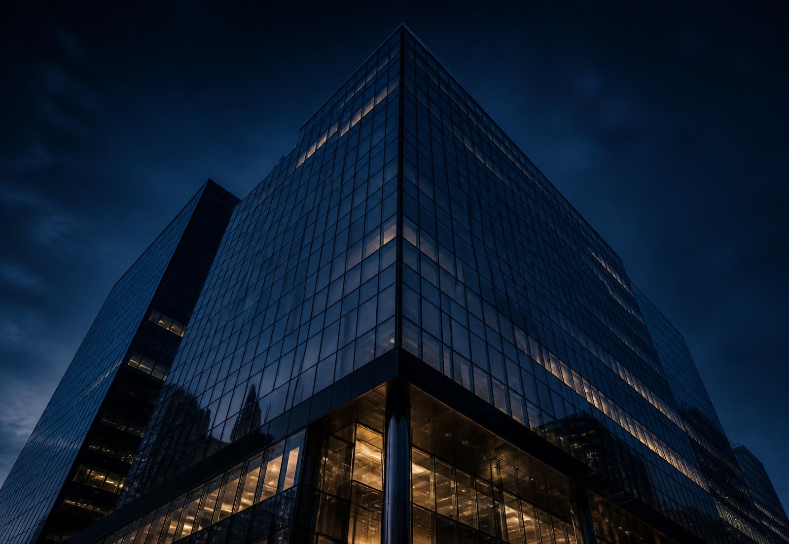 Corporate glass tower at dusk